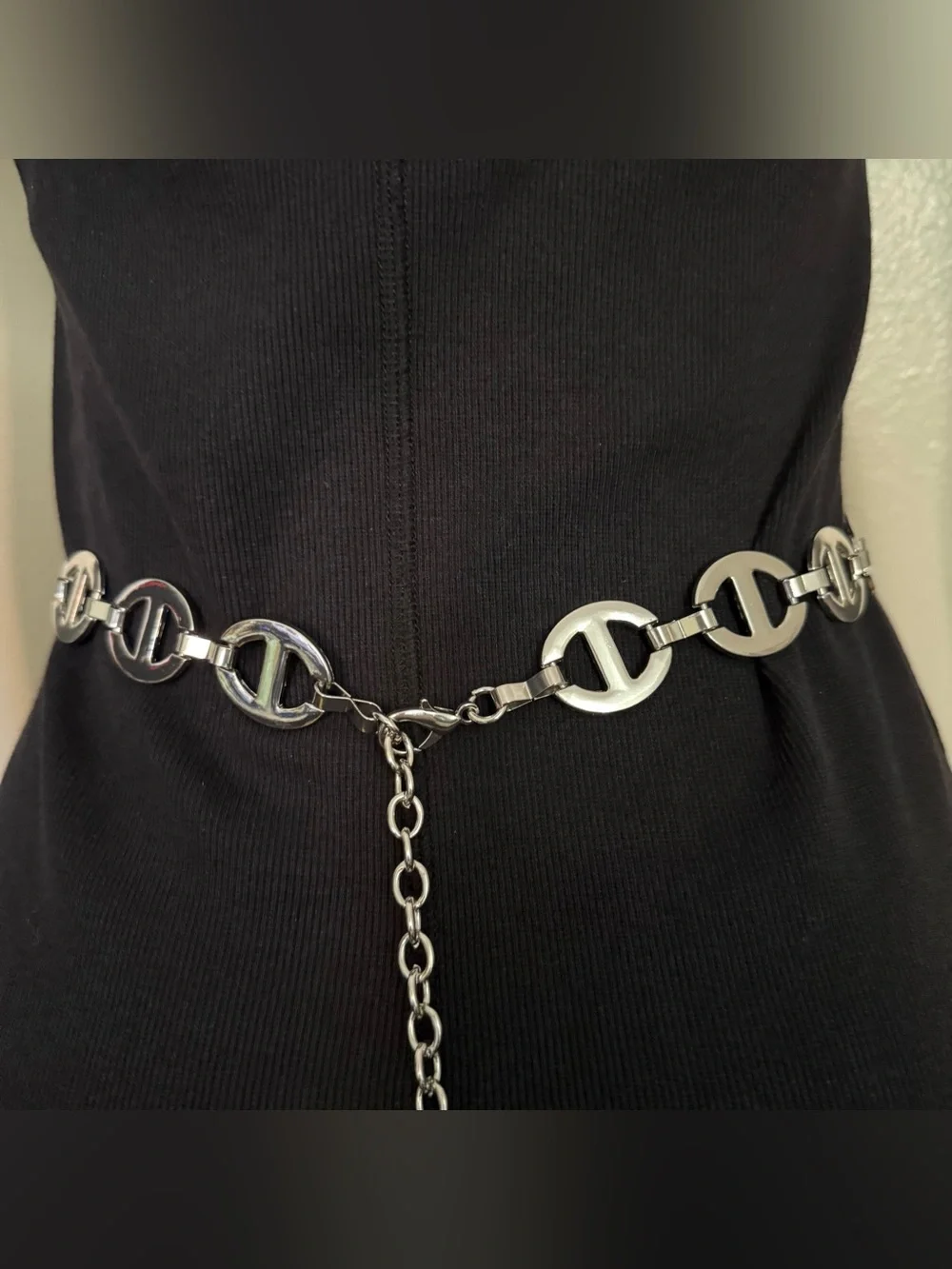Silver tone metal chain belt with rhinestone details